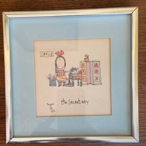 Eagan Whimsical Office Secretary Scene Water Color Print Framed Art